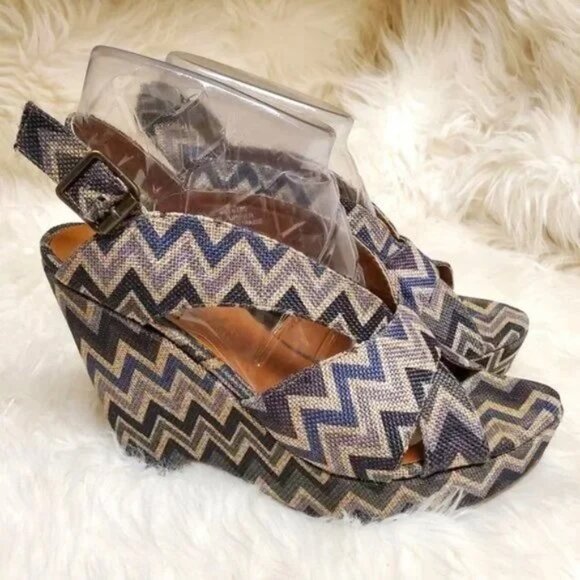 Crown Vintage Chevron Design Slingback Platform Wedge Sandal SZ 7.5M - Picture 1 of 10